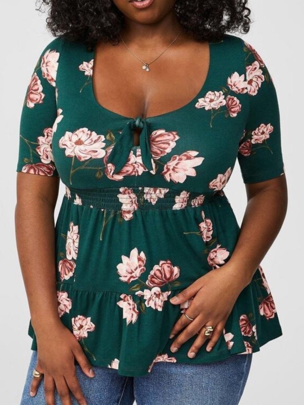 TORRID Green Floral Short Sleeve Babydoll Top 1X Jersey Knit